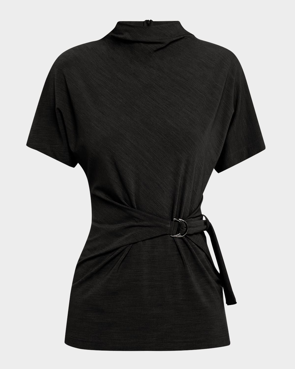 Mock-Neck Buckle Draped Jersey Top