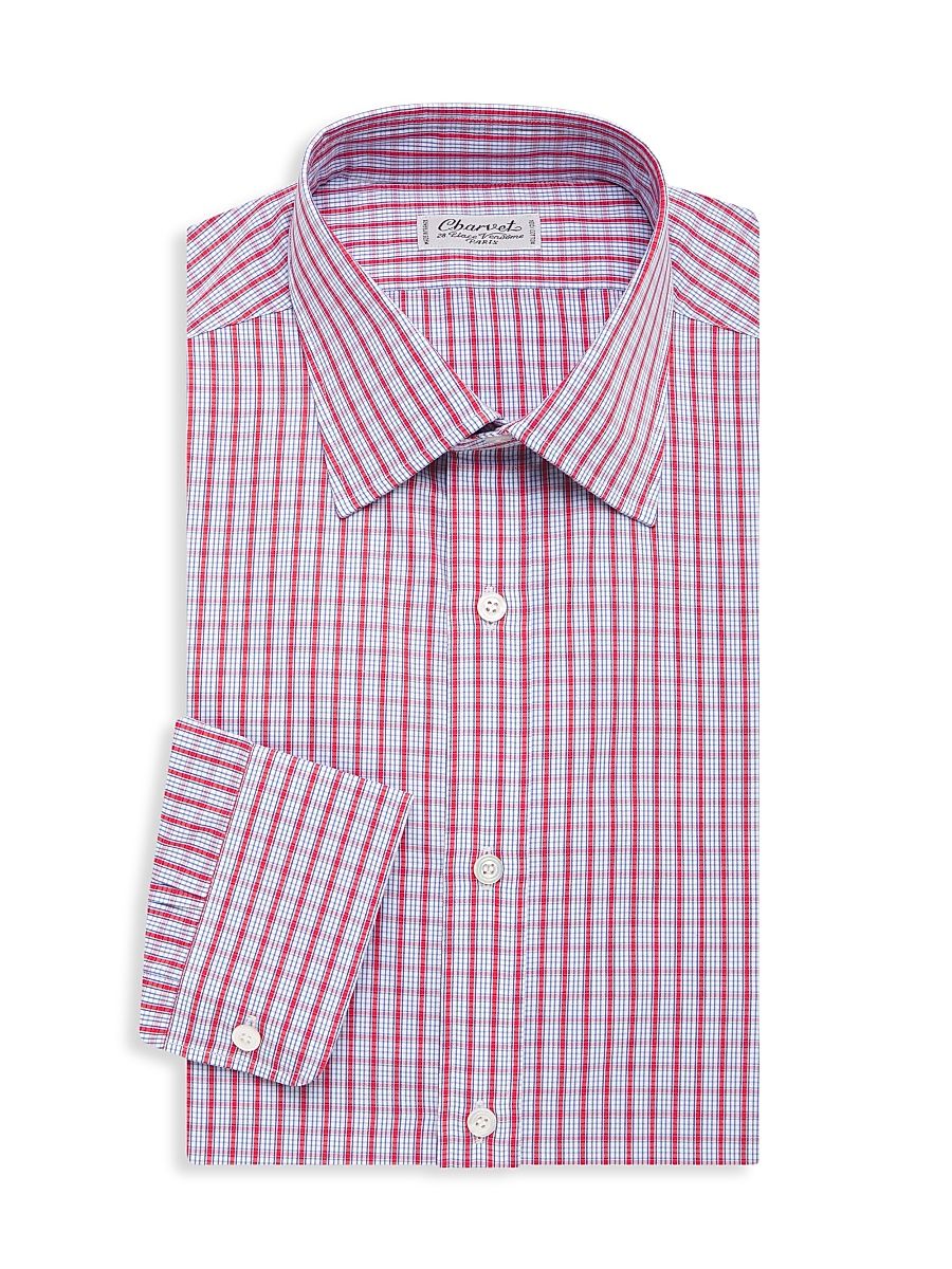Men's Windowpane Check Dress Shirt - White Red Blue - Size 16
