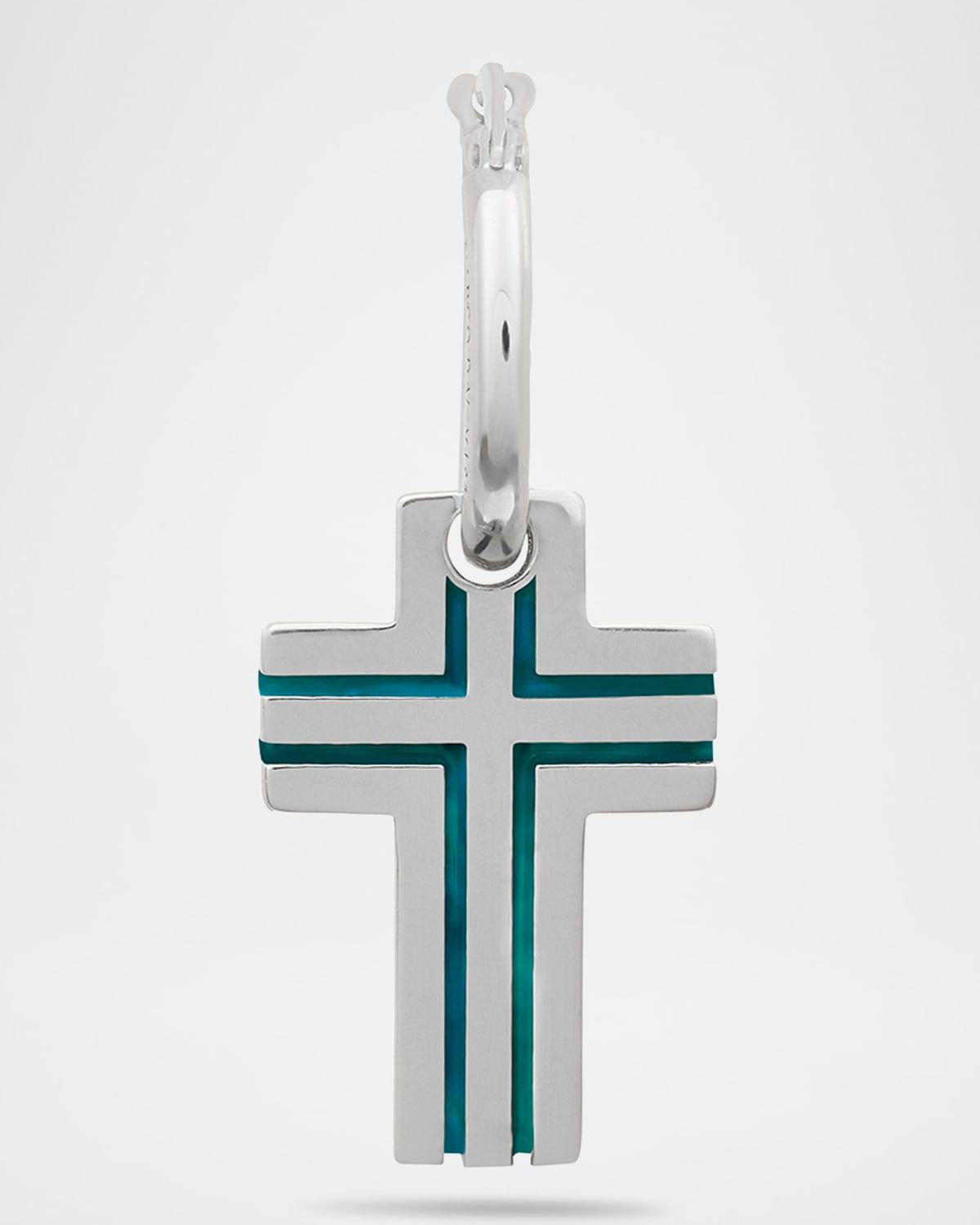 Men & apos;s The Cross Art Deco Style Mono High Polish Silver and Green Enamel Earring, Single