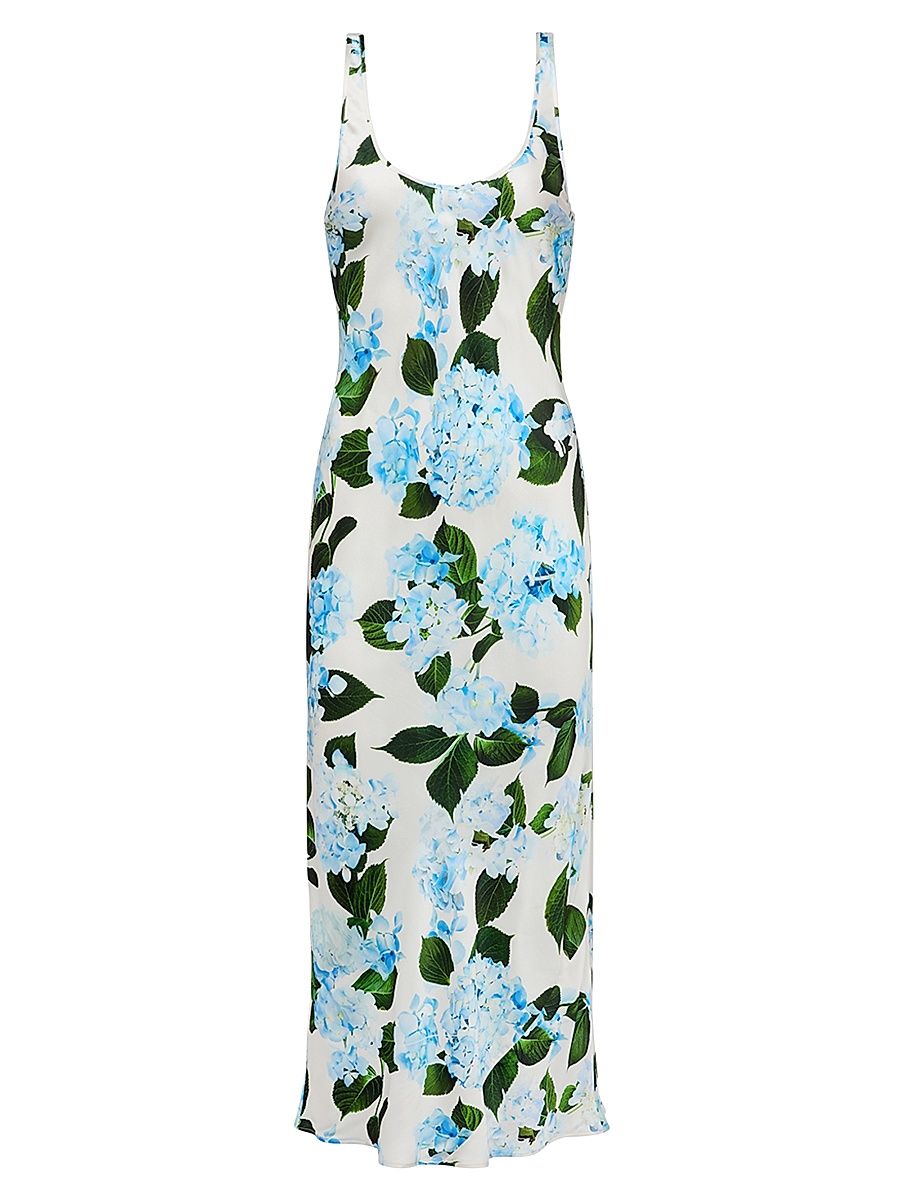 L'AGENCE Women's Akiya Hydrangea-Print Bias-Cut Tank Dress - White Blue - Size Medium