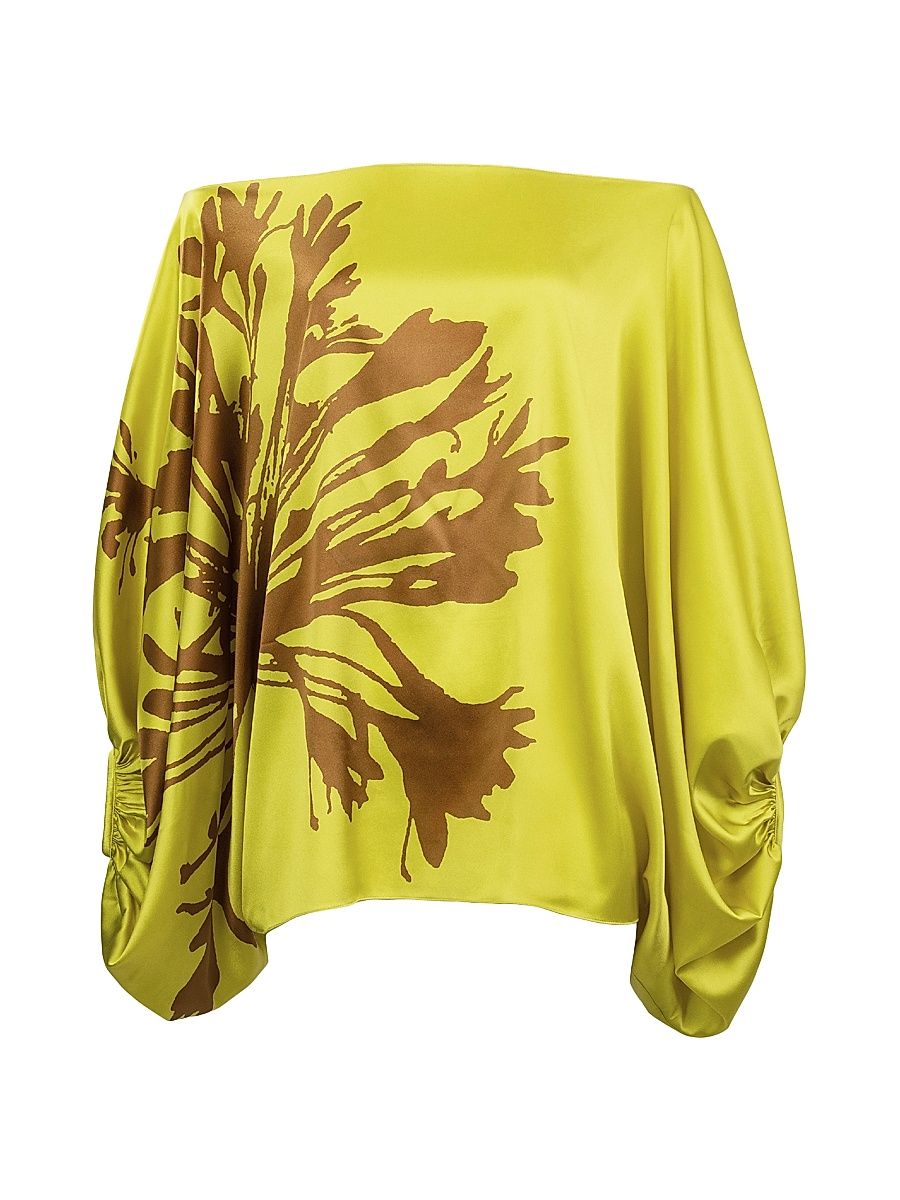 Women's Bellagio Floral Silk Draped Blouse - Yellow Dandelion - Size XL