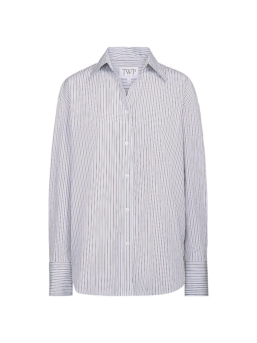 Women's Modern Big Joe Striped Cotton Button-Front Shirt - Baby Blue Chocolate Khaki - Size Medium