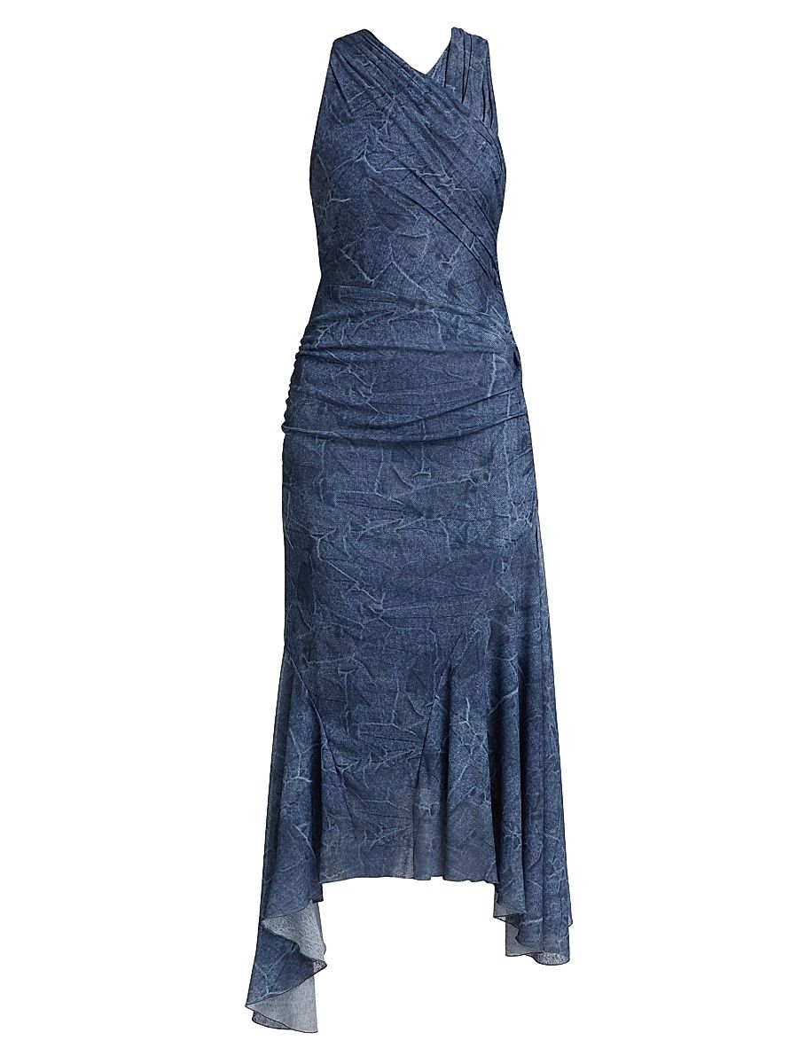 Women's Marl Mesh Ruched Crossover Midi-Dress - Denim - Size 8