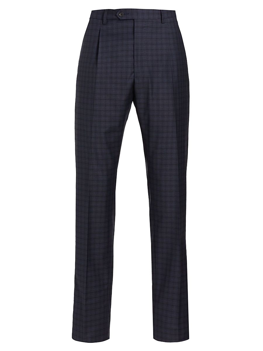 Men's COLLECTION Mini Plaid Wool Dress Pants - Navy Blazer - Size 32