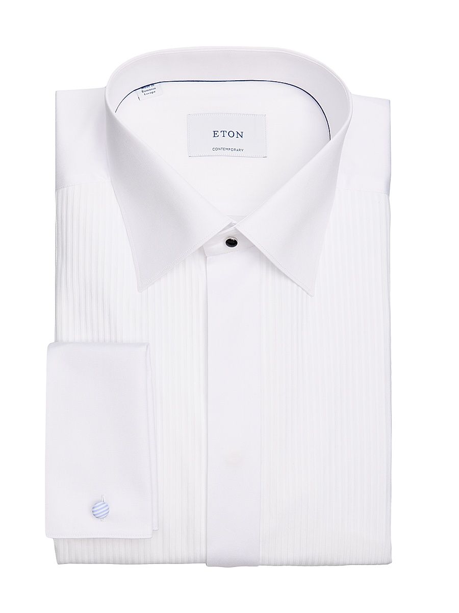 Men's Contemporary Fit Cotton Plisse-Bib Dress Shirt - White - Size 17