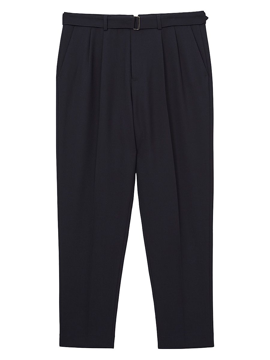 Men's Pleated Wool-Blend Belted Trousers - Navy - Size 38