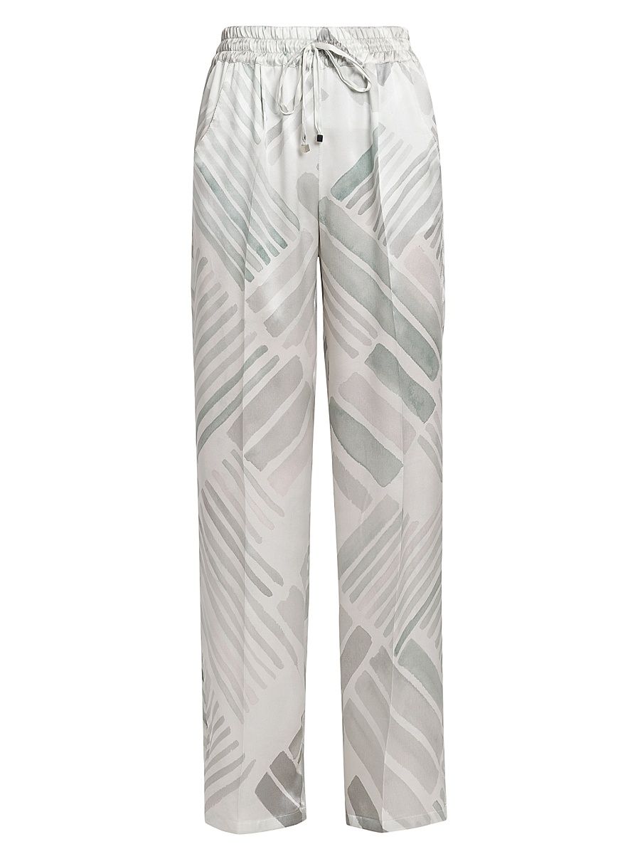 Women's Abstract Silk Drawstring Straight-Leg Pants - Greyazure - Size 8