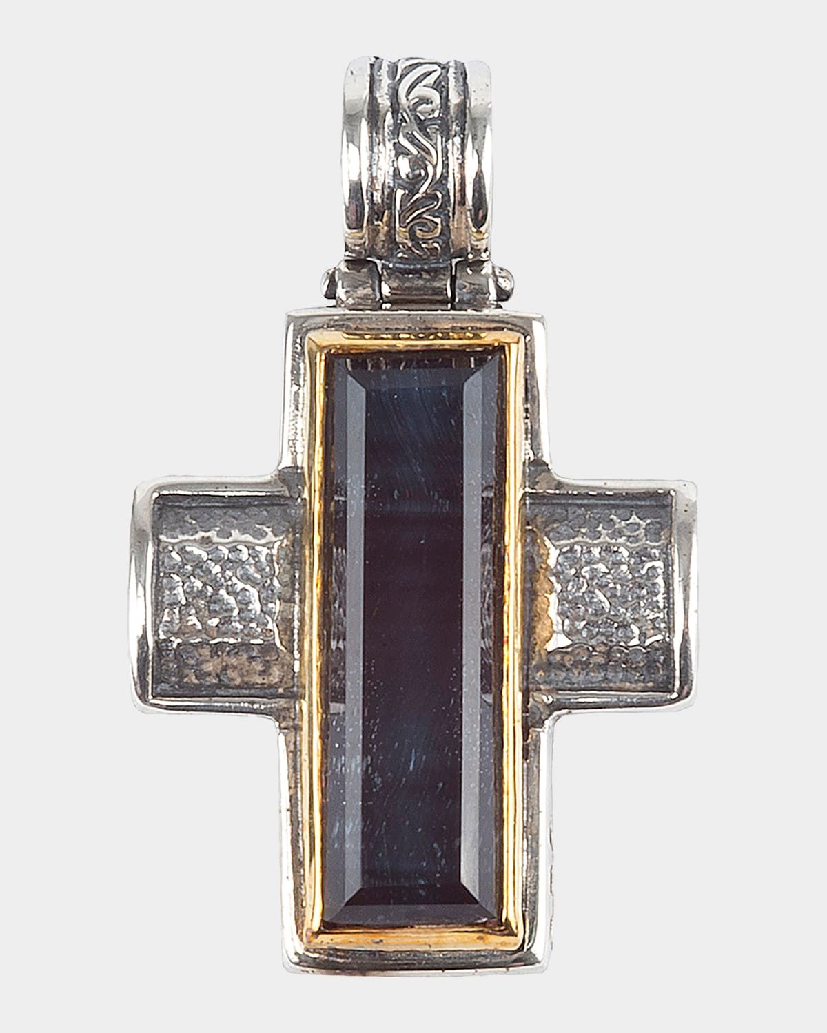 Men & apos;s Sterling Silver %26 18K Gold Cross Pendant with Hawk & apos;s Eye