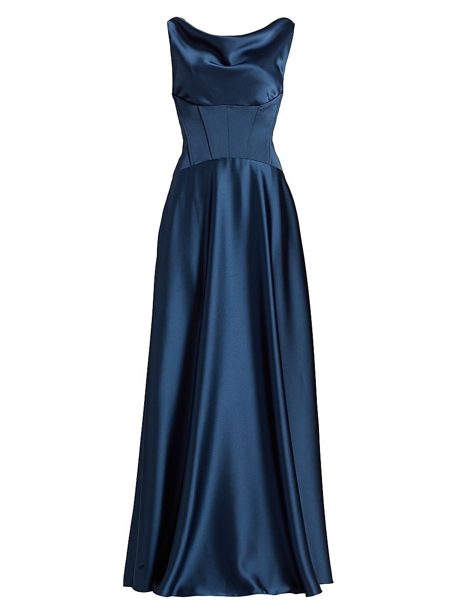 Women's Satin Cowl Neck Gown - French Blue - Size 14