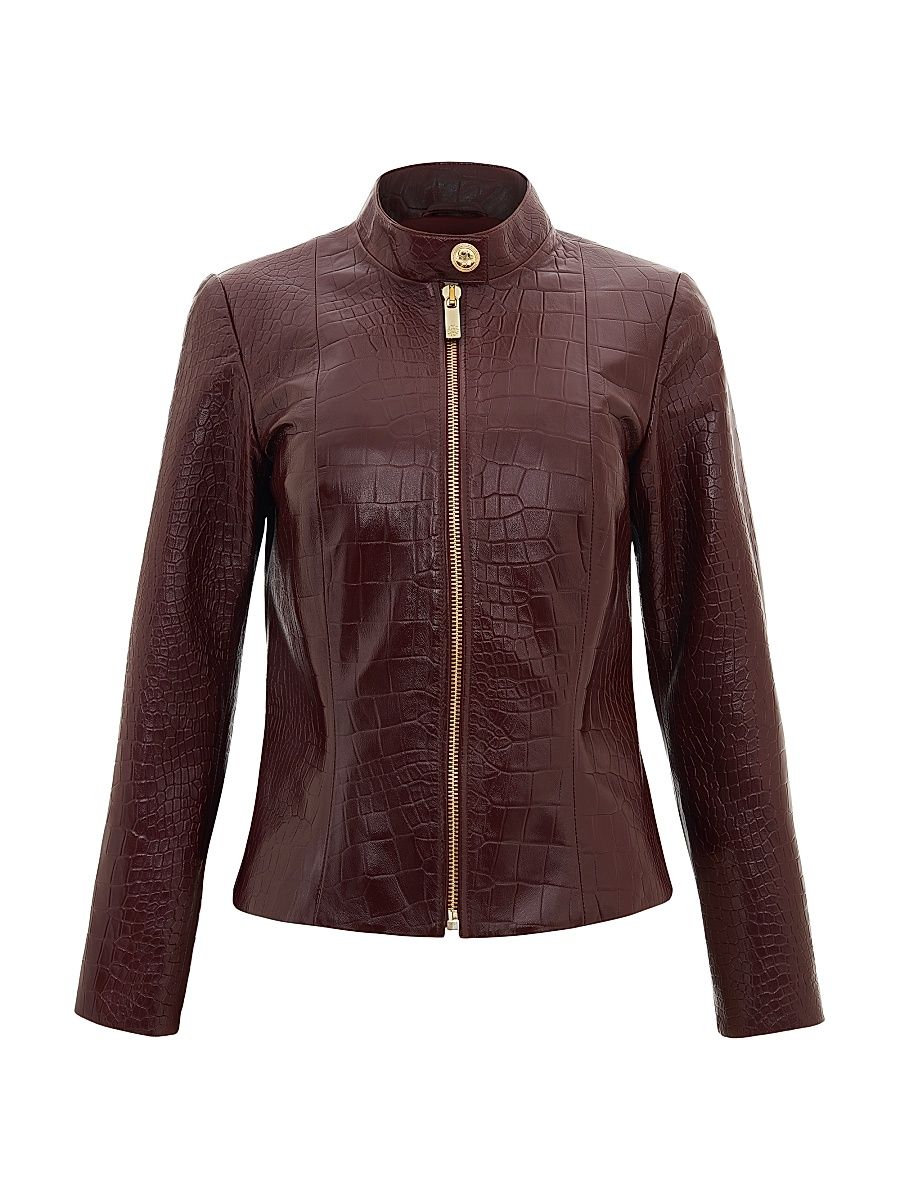 Women's Select Nappa Leather Croco Embossed Zip Jacket - Burgundy - Size Small