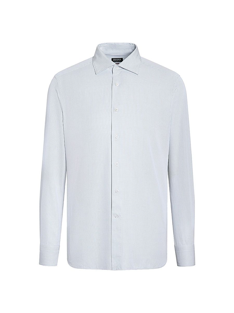 Men's Checked Centoventimila Cotton Shirt - Light Blue White - Size 18.5