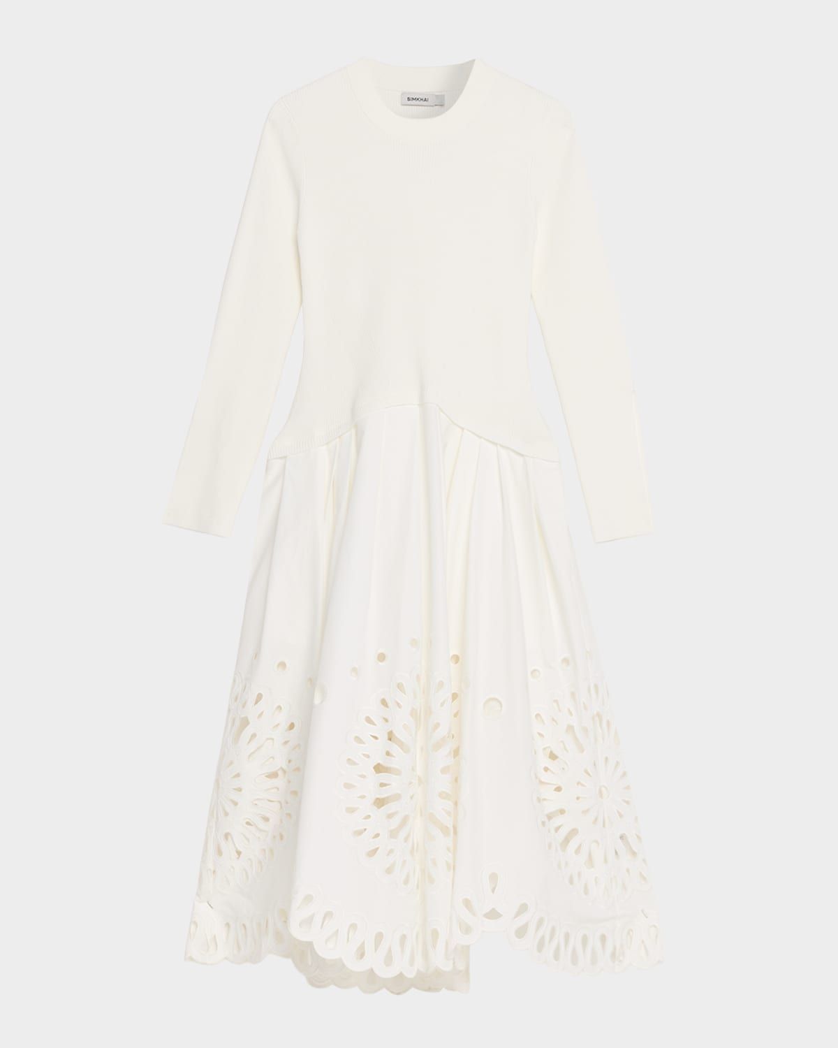 Daila Eyelet-Embroidered Mixed Media Midi Dress