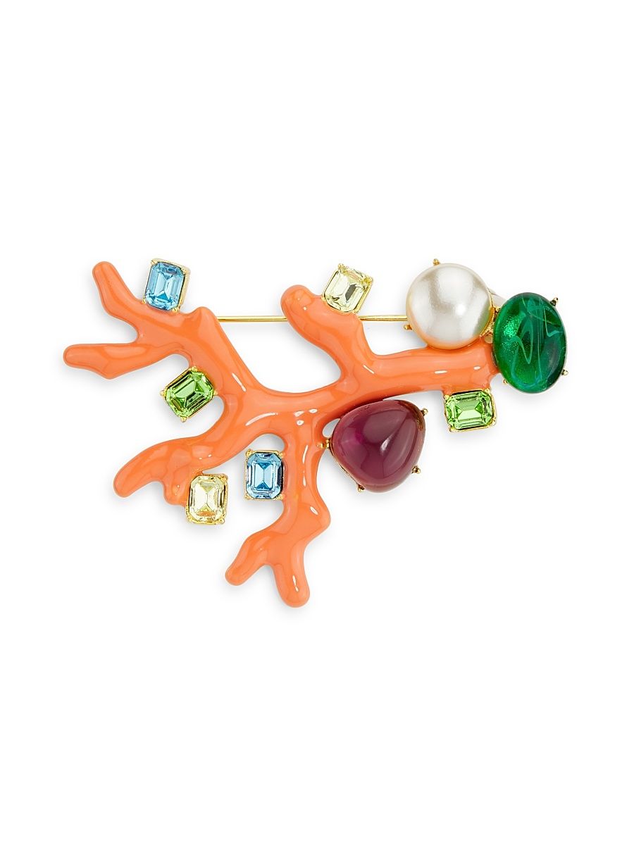 Women's Coral Branch Enamel & Multi-Stone Brooch - Coral