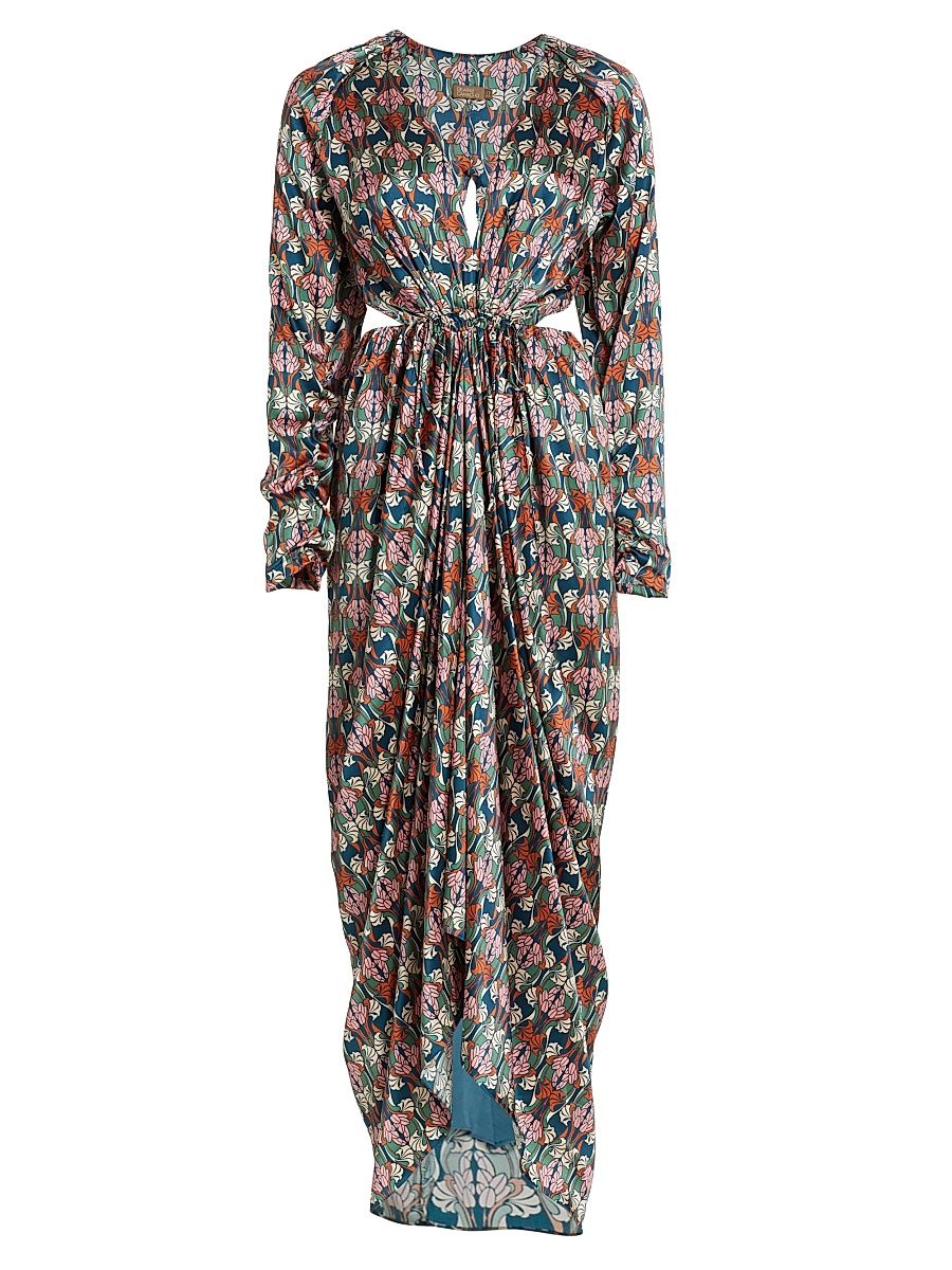 Women's Nina Charmeuse Cut-Out Asymmetrical Dress - Blue With Pink Nouve Print - Size 10