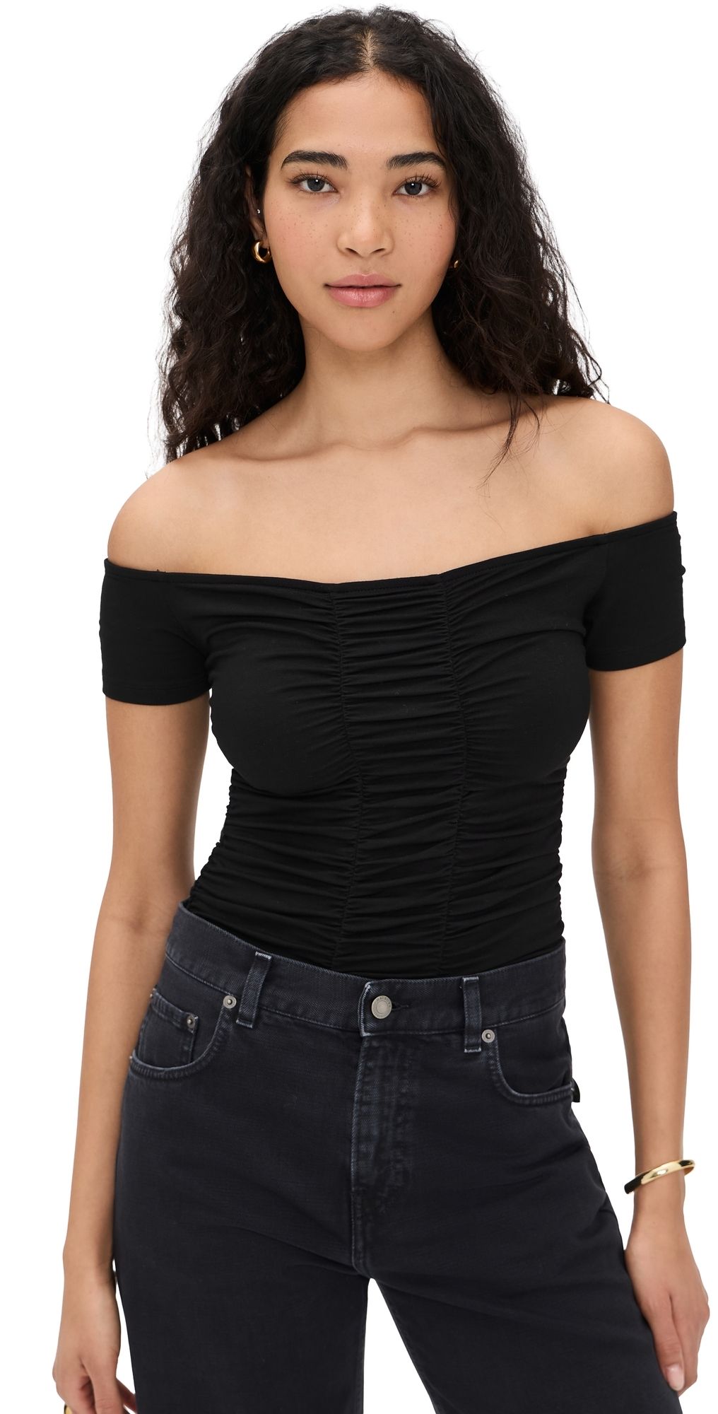 L'AGENCE Baliegh Off Shoulder Ruched Bodysuit Black L