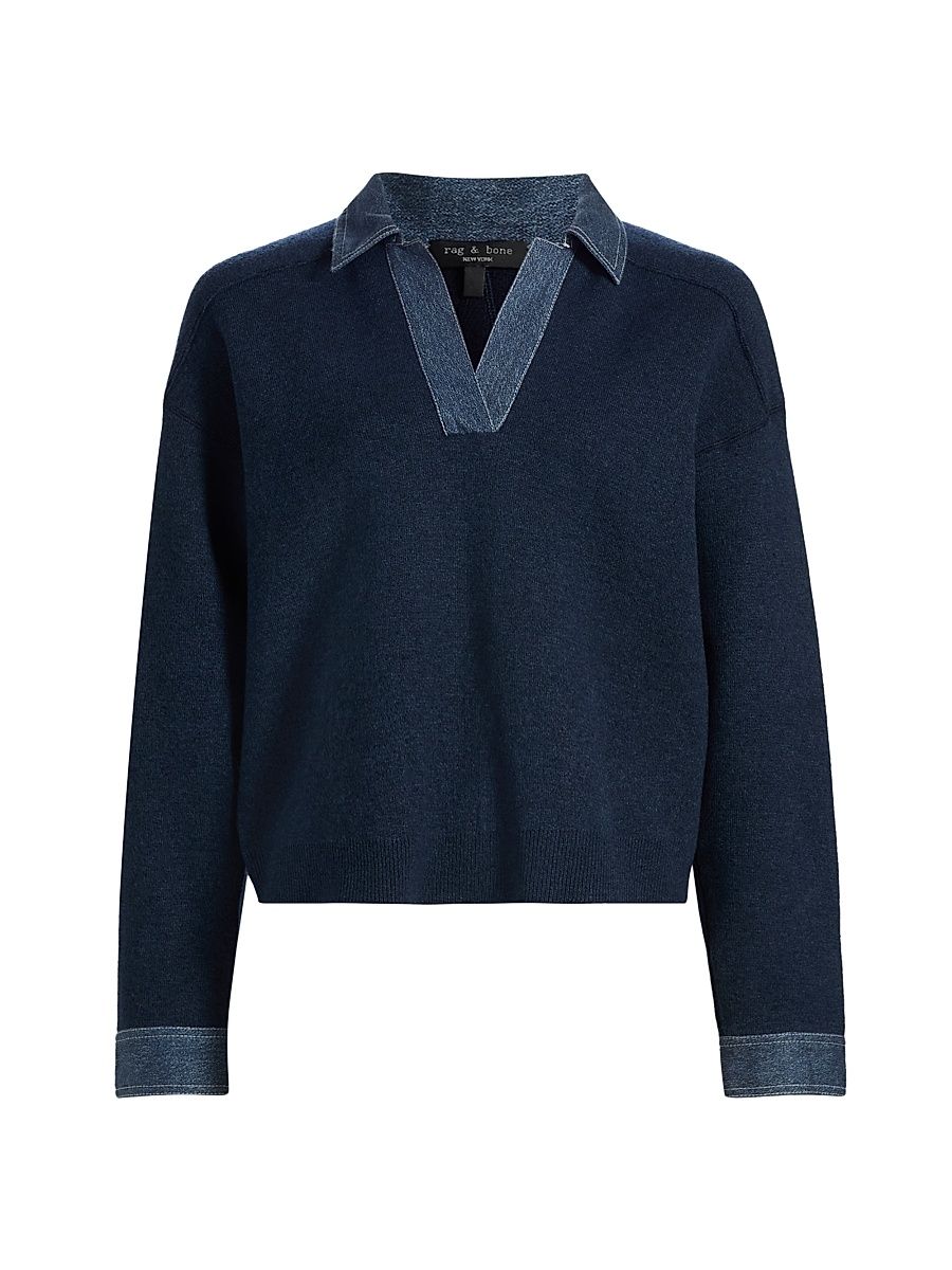 Women's Marie Denim-Trimmed Polo Sweater - Denim - Size XS
