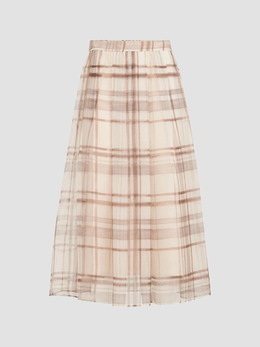 Brunello Cucinelli Women's Silk Organza Pleated Skirt in Macrocheck Print - Beige - Size 00