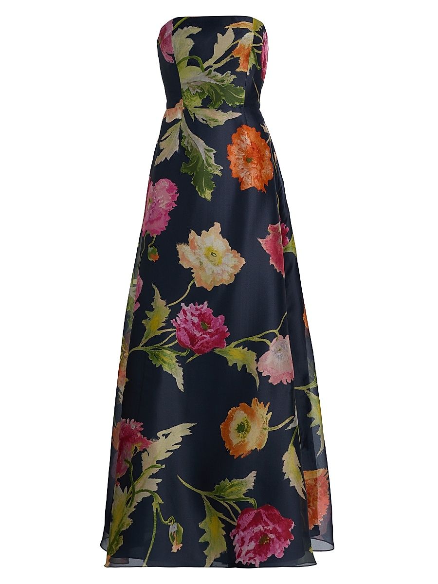Women's Floral Silk Strapless A-Line Gown - Midnight Multi - Size 16