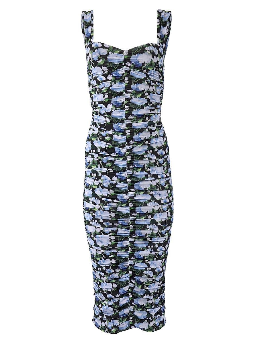 Women's Ruched Floral Sweetheart Midi-Dress - Blue Multi - Size Small