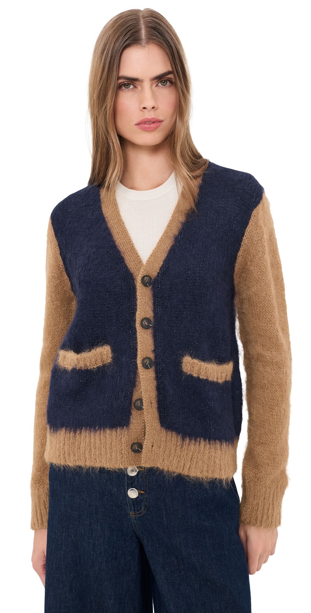 THE GREAT. The Wellington Alpaca Cardigan Navy And Tan 3