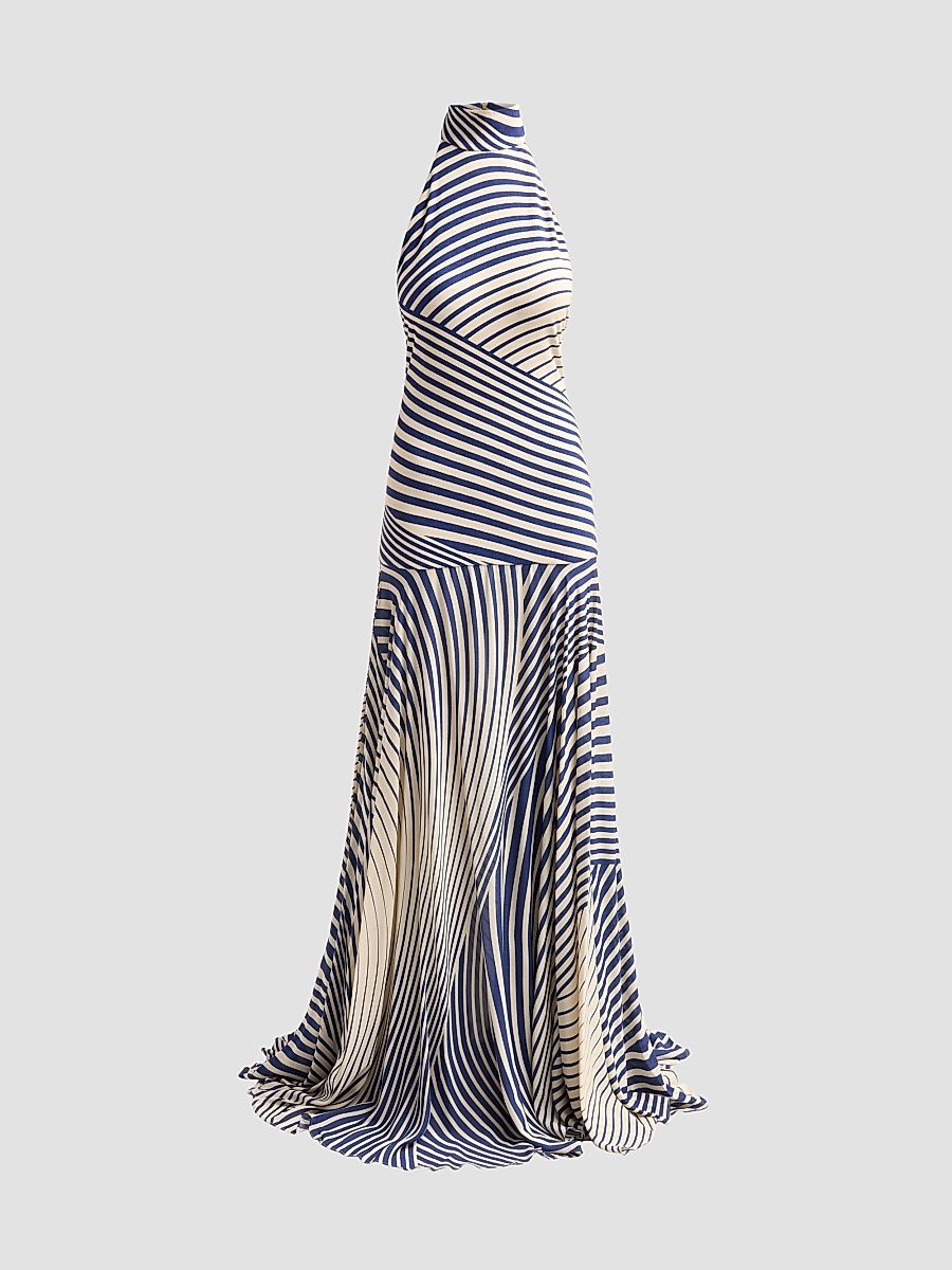 Women's Leonore Multi-Striped Halter Maxi Dress - Blue Stripes - Size Medium
