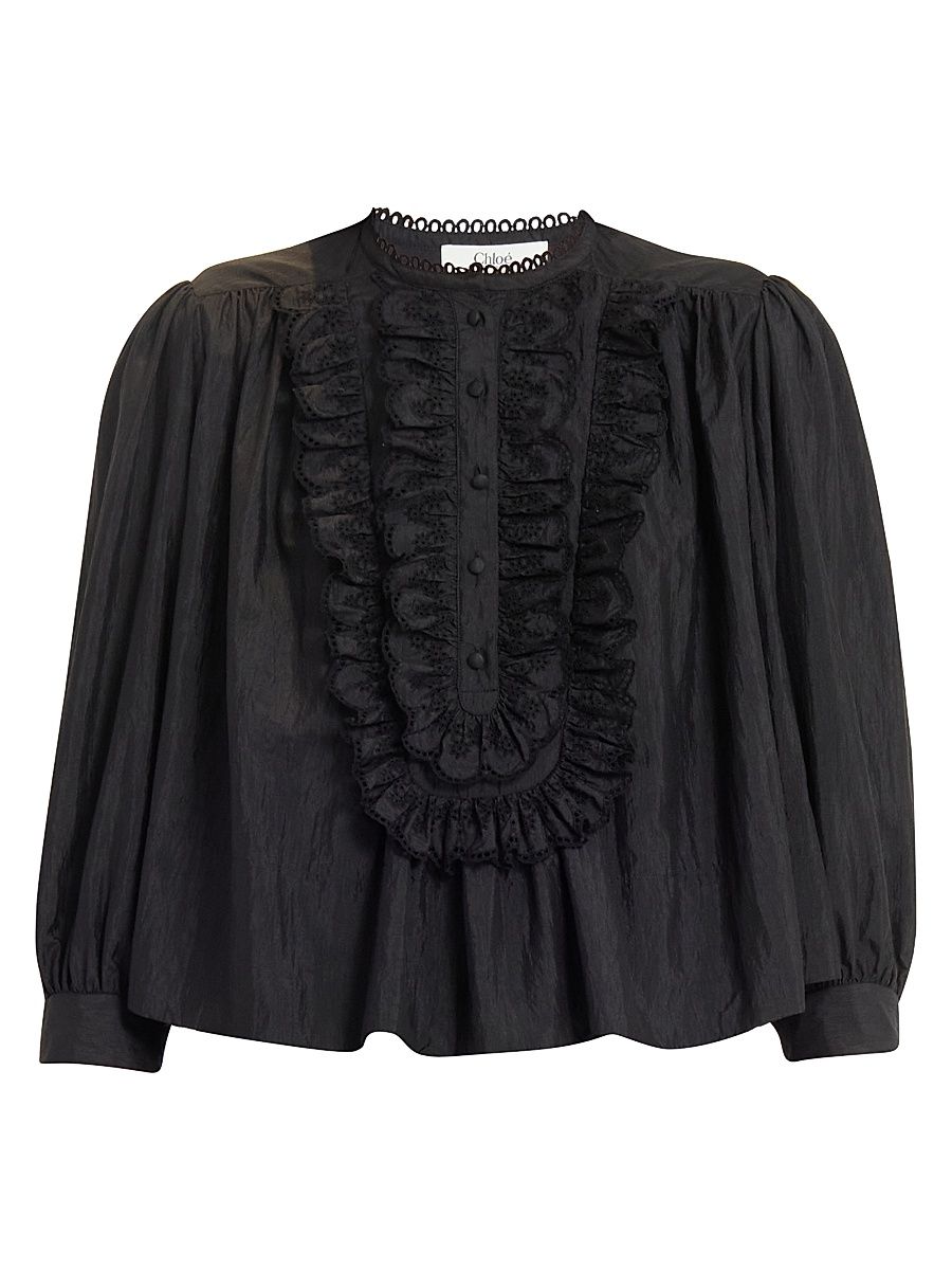 Women's Frilled Bib Blouse - Black - Size 4
