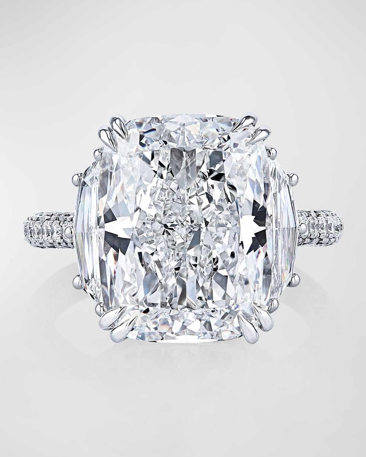 Platinum 3 Stone Ring with Diamond Cushion, Diamond Trapezoid Sides and 3 Row Micro Pave Shank, Size 6.5, 11.64tcw