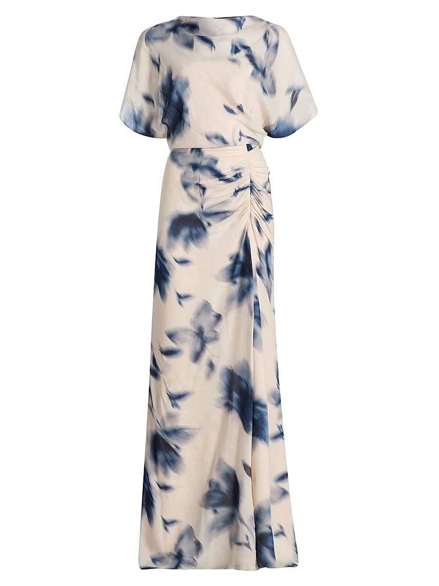 Women's Blurred Floral Draped A-Line Gown - Slate Multi - Size 16