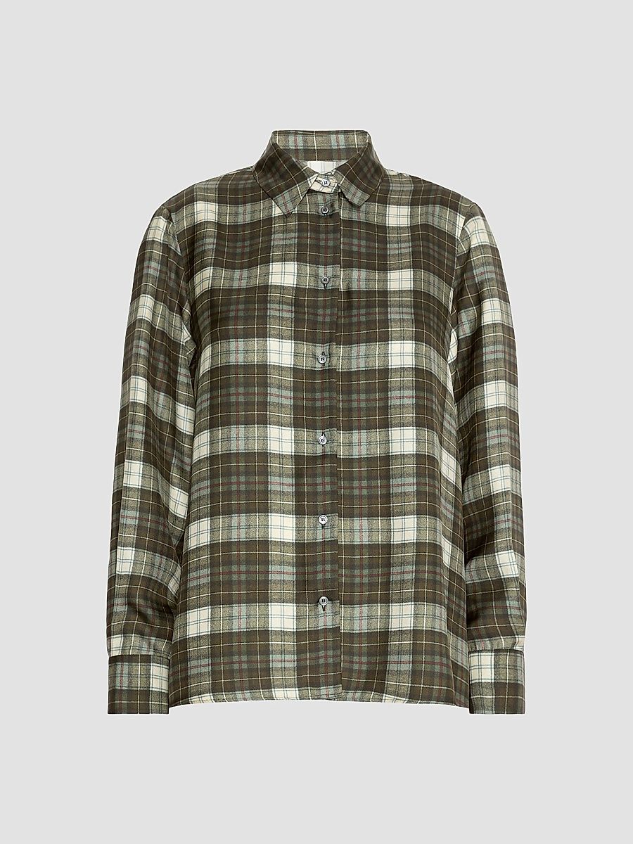 Women's Checked Silk Twill Shirt - Kakhi - Size 14
