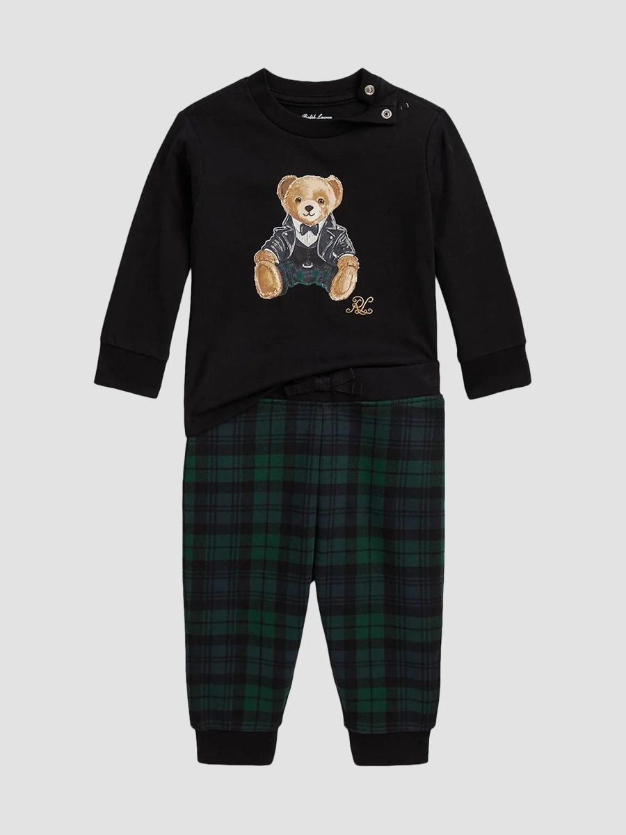 Polo Ralph Lauren Unisex Baby's Polo Bear T-Shirt & Plaid Fleece Pants Set - Refined Navy - Size 3 Months
