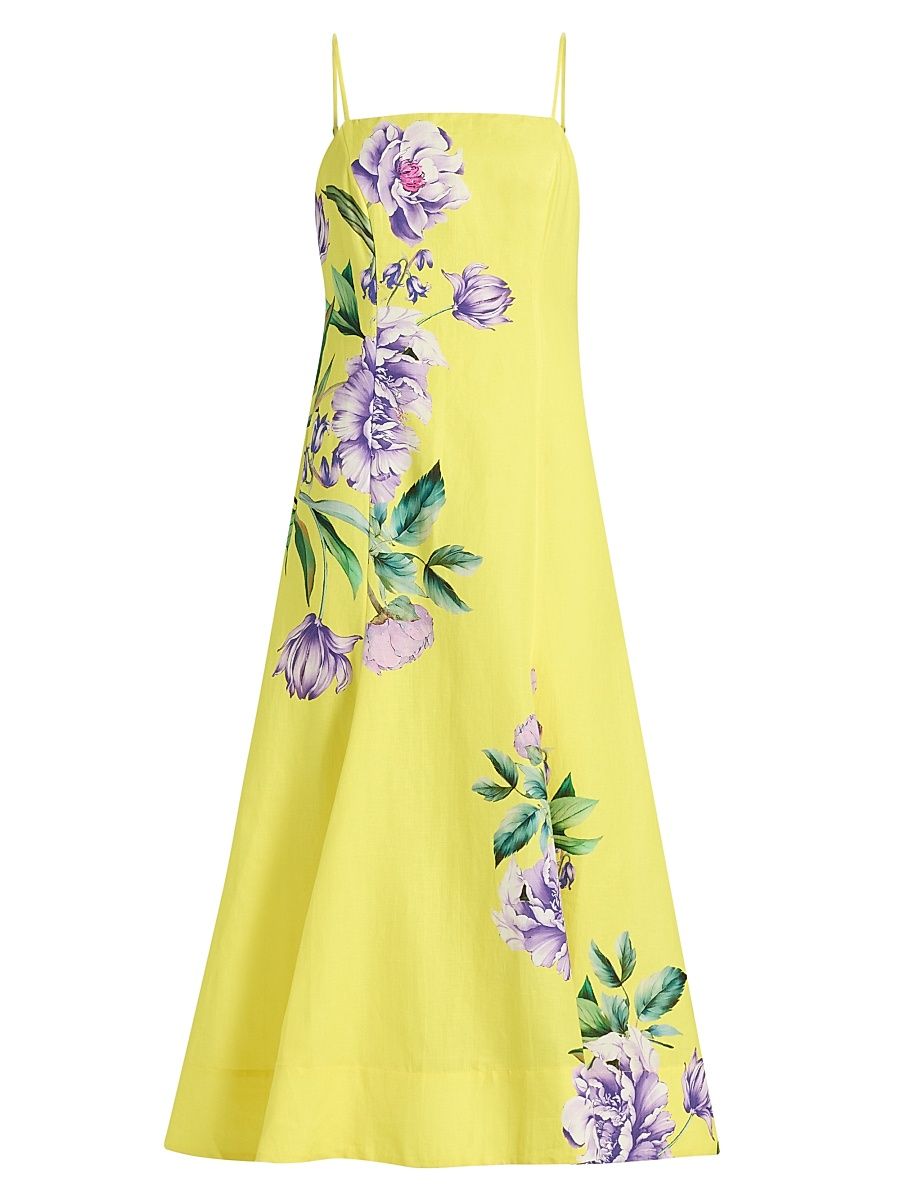 Women's Floral Linen-Cotton A-Line Midi-Dress - Yellow - Size Small