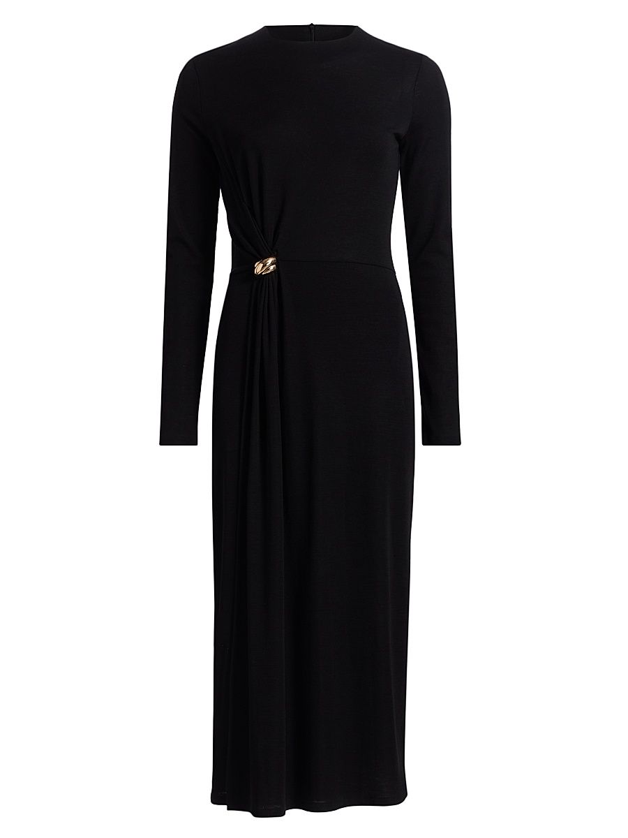 Women's Draped Wool-Blend Crewneck Midi-Dress - Black - Size XS