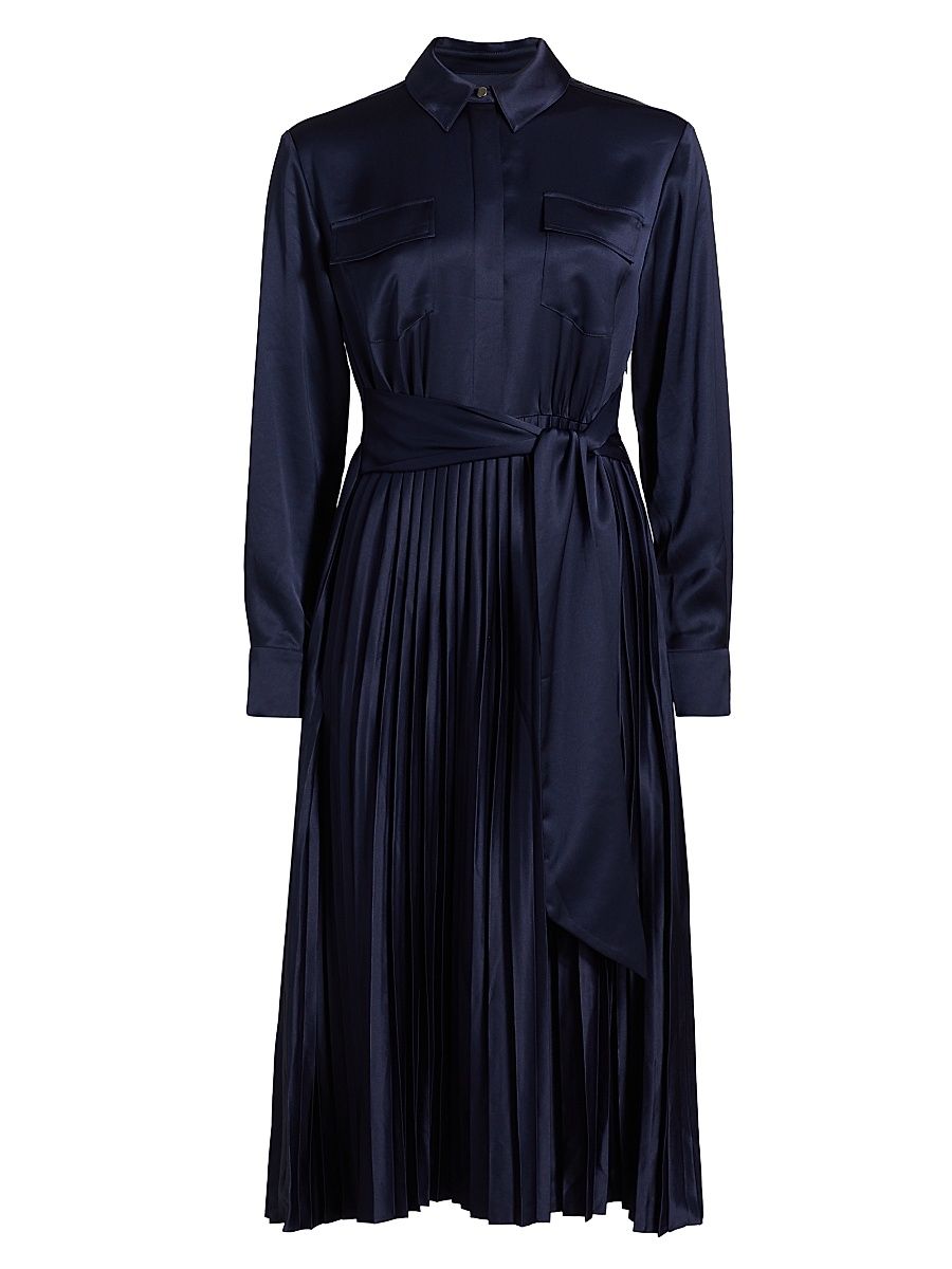 Women's Jessie Satin Pleated Tie-Front Shirtdress - Navy - Size XL
