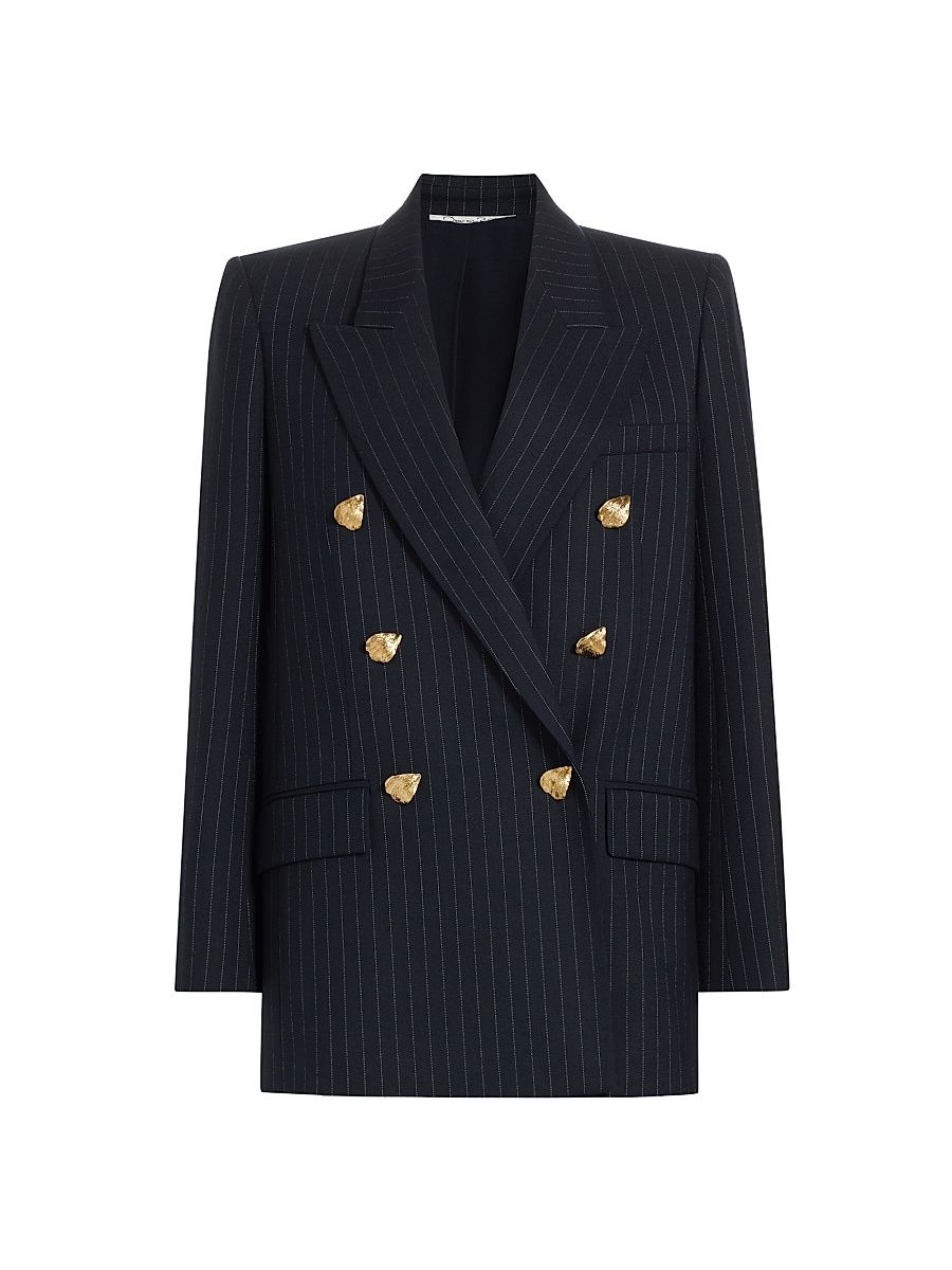 Women's Pinstriped Wool Double-Breasted Blazer - Navy White - Size 12