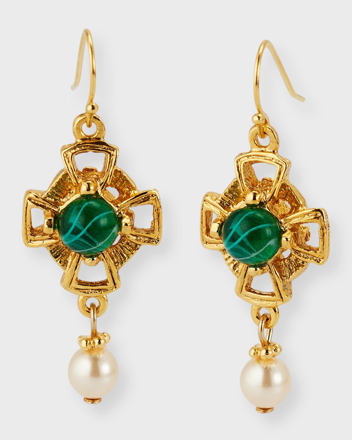 Emerald and Pearly Fish Wire Drop Earrings