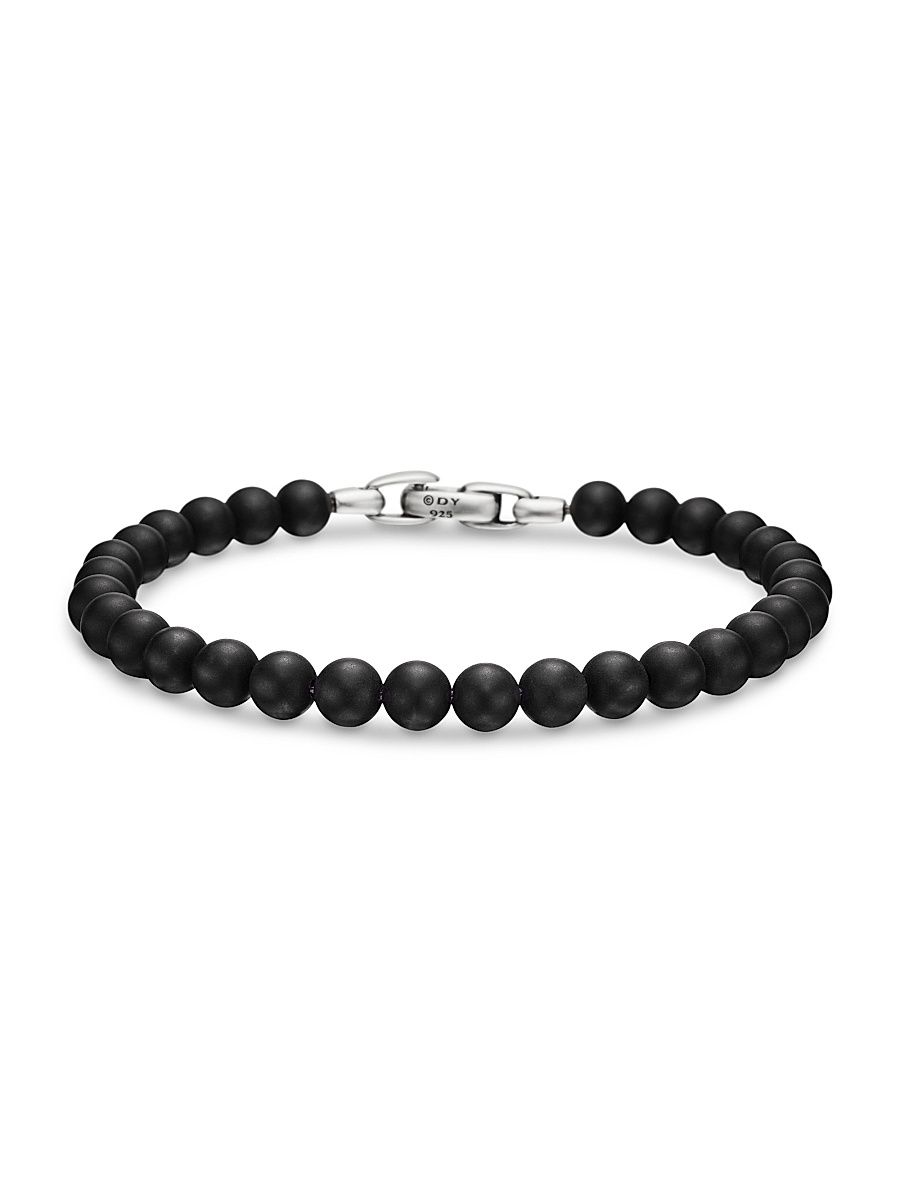 Men's Spiritual Beads Bracelet in Sterling Silver - Black Onyx - Size 7.5