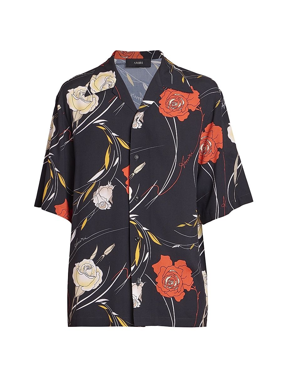 Men's Floral Camp Shirt - Black - Size Small