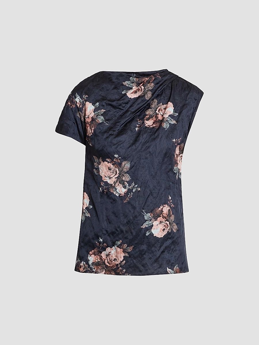 Women's Draped Floral Crushed Satin Top - Margot Black - Size 8