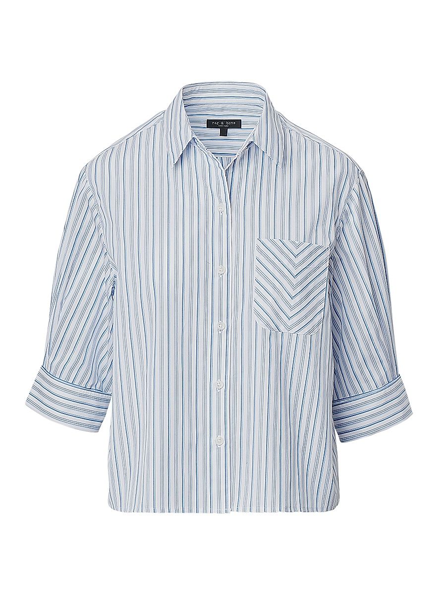 Women's Lucia Striped Cotton Poplin Shirt - Baby Blue Stripe - Size XL