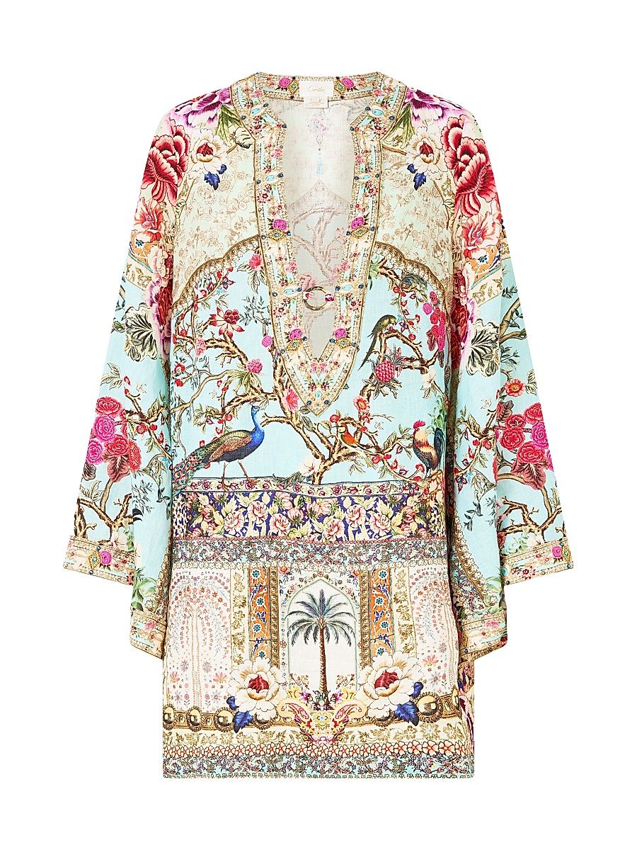 Women's Printed Plunging V-Neck Linen Caftan - Size Medium