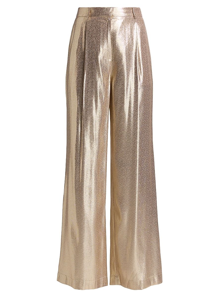 Women's Izzy Metallic Silk-Blend Wide-Leg Pants - Gold - Size 14