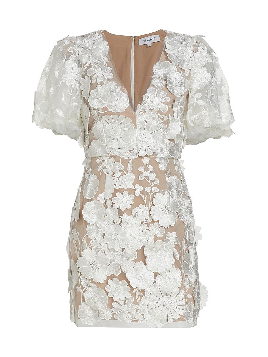 Women's Zayla Floral Lace Puff-Sleeve Minidress - Ivory - Size Large