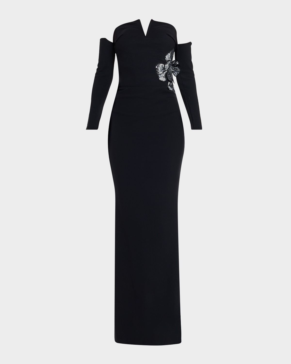Zioni Off-Shoulder Sequin Flower Long Gown
