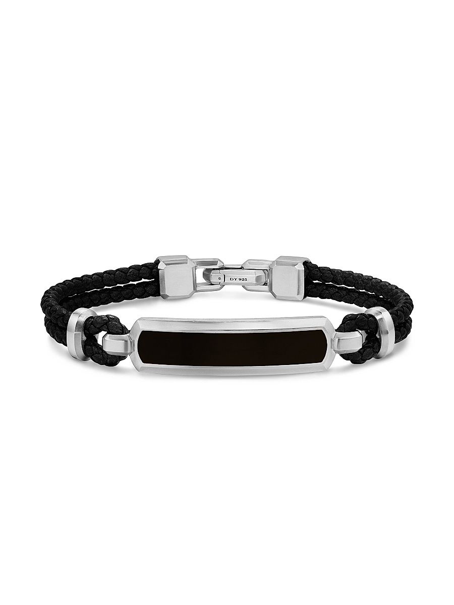 Men's Streamline ID Bar Bracelet in Black Leather - Black Onyx - Size Medium