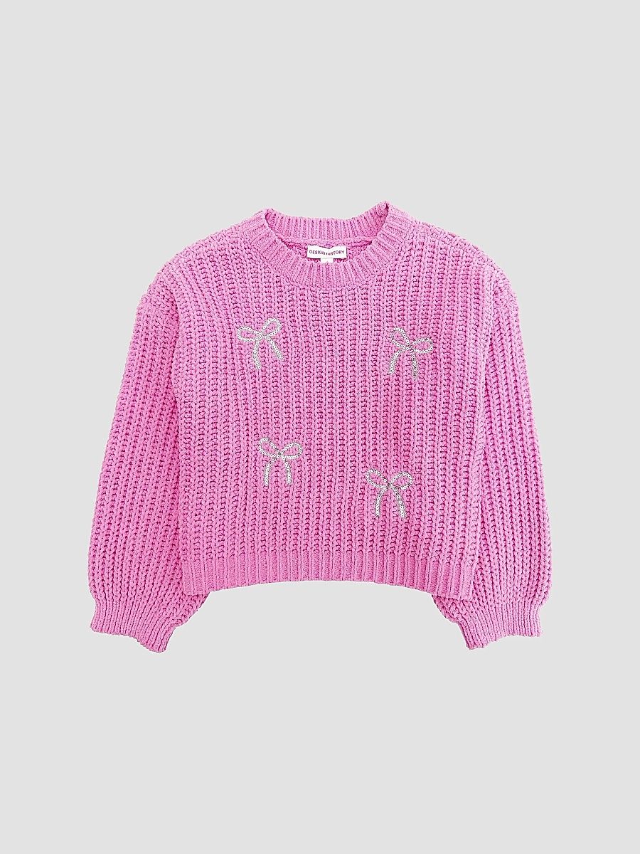 Little Girl's Sequin-Embellished Bow Crewneck Sweater - Pink Diamond - Size 6