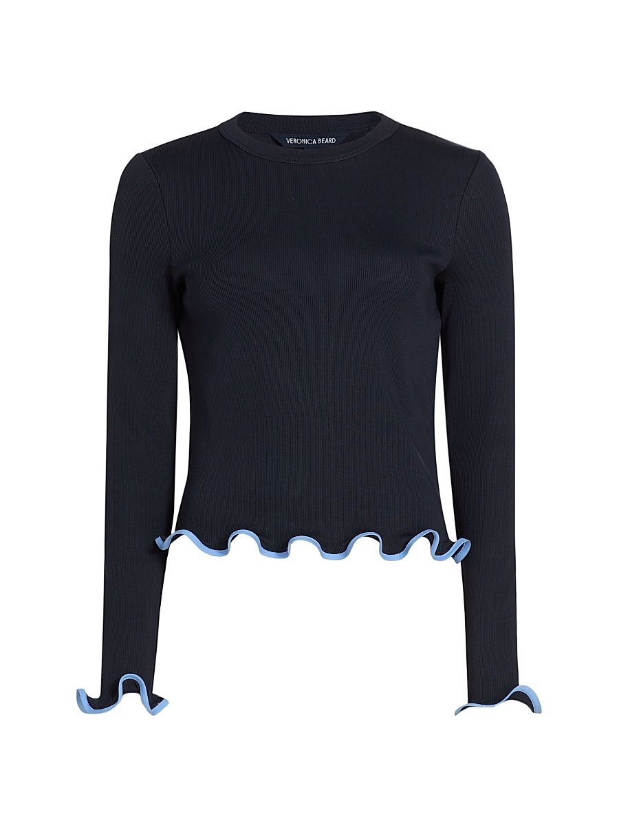 Women's Elianne Lettuce-Edge Long-Sleeve Top - Navy - Size Large