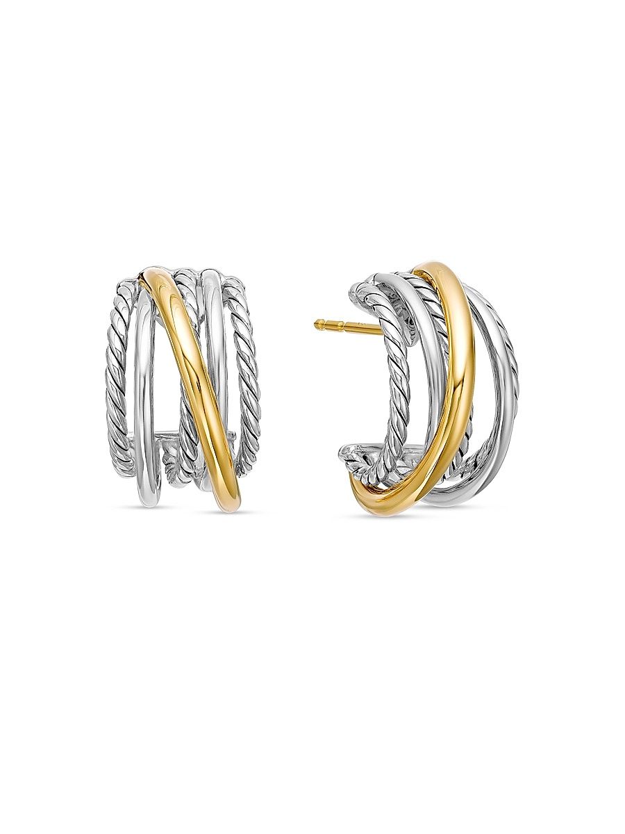 Women's Crossover Shrimp Earrings in Sterling Silver with 18K Yellow Gold, 19.5MM - Silver
