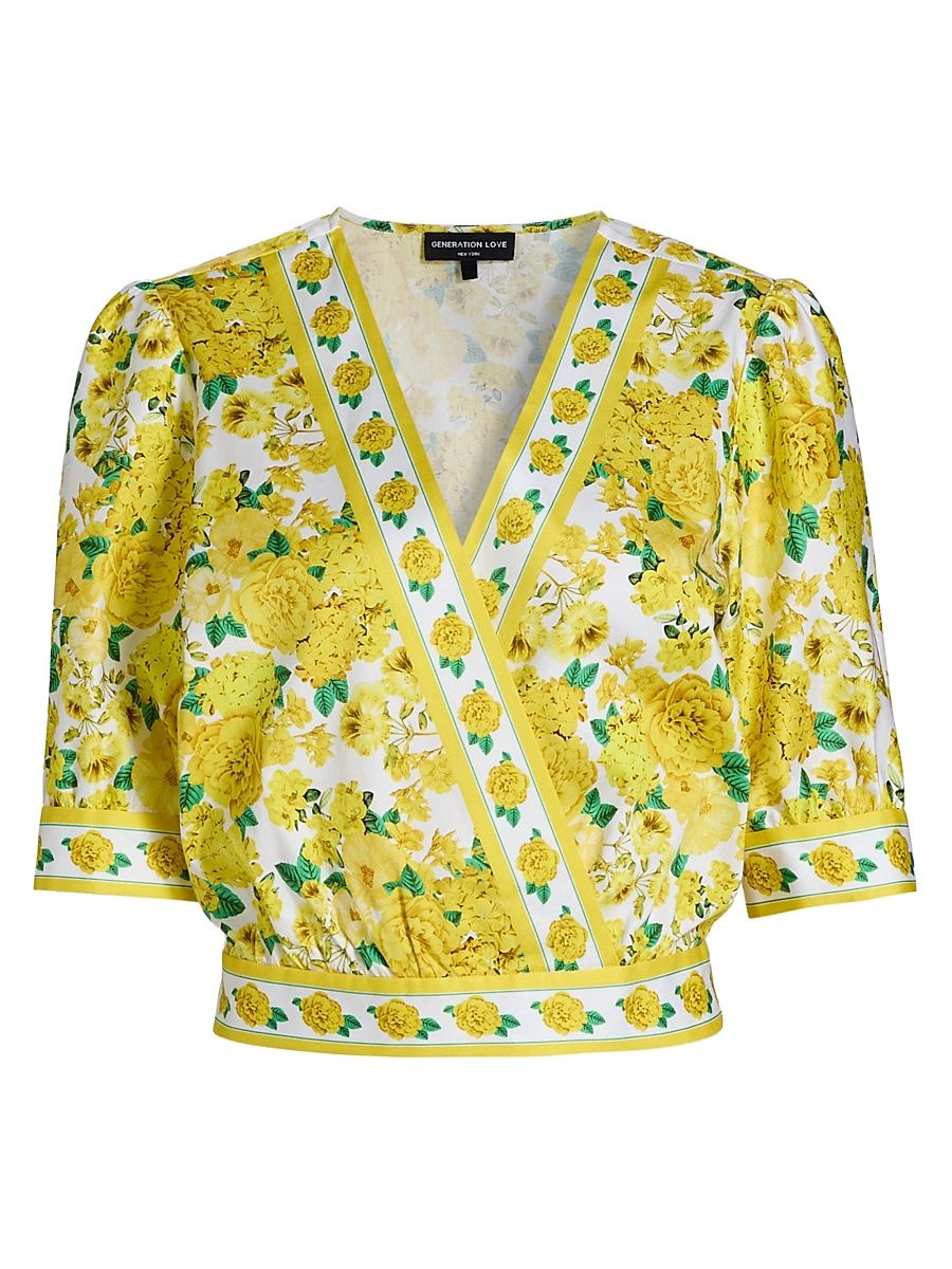 Women's Rema Floral Cotton Poplin Wrap Blouse - Floral Fantasy White Yellow - Size XL