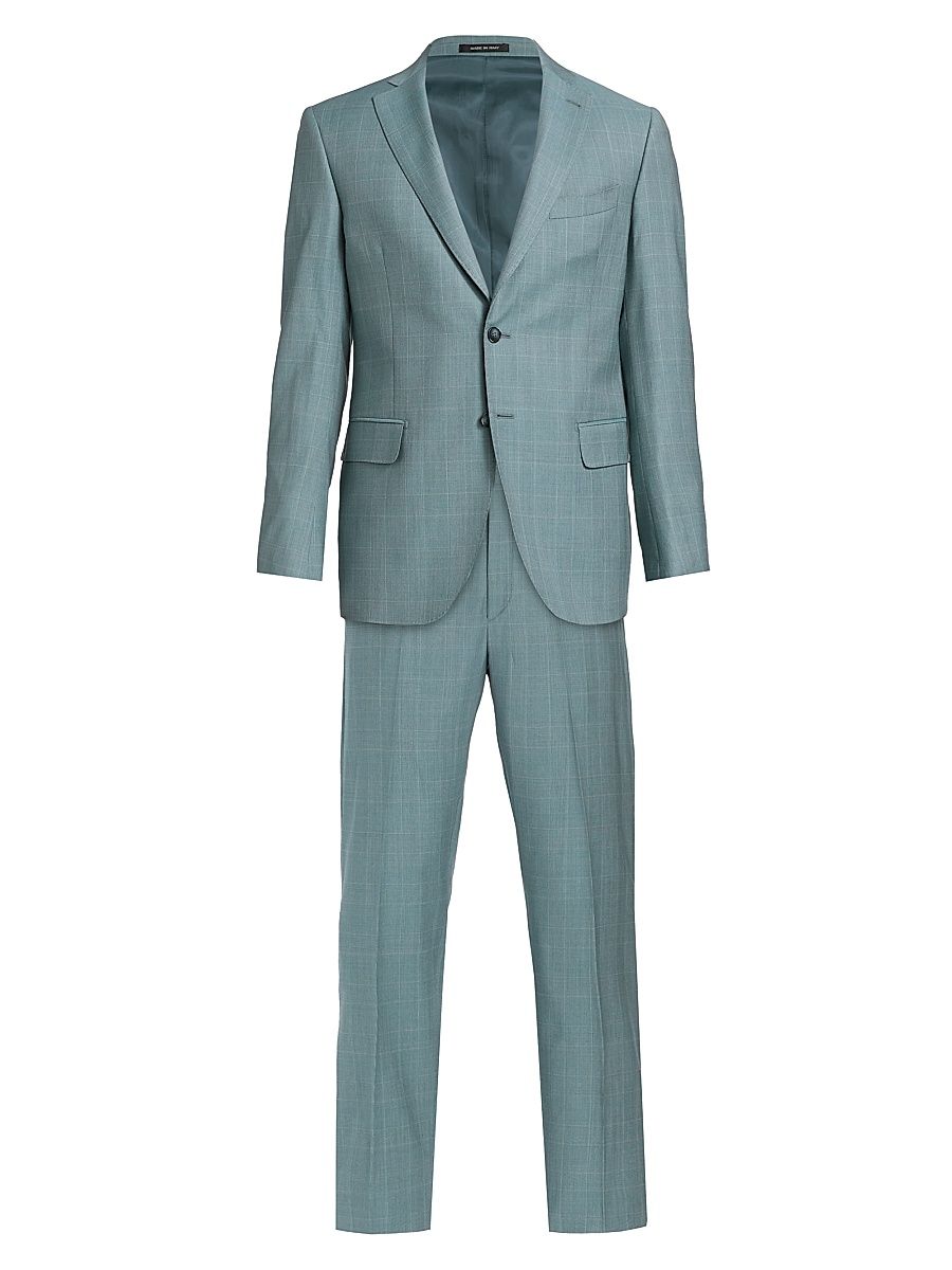 Men's COLLECTION Plaid Wool Single-Breasted Suit - Dark Green - Size 48
