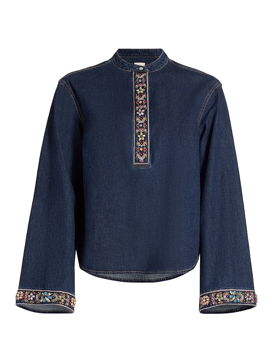 Women's Birdie Embellished Denim Top - Abyss - Size XL
